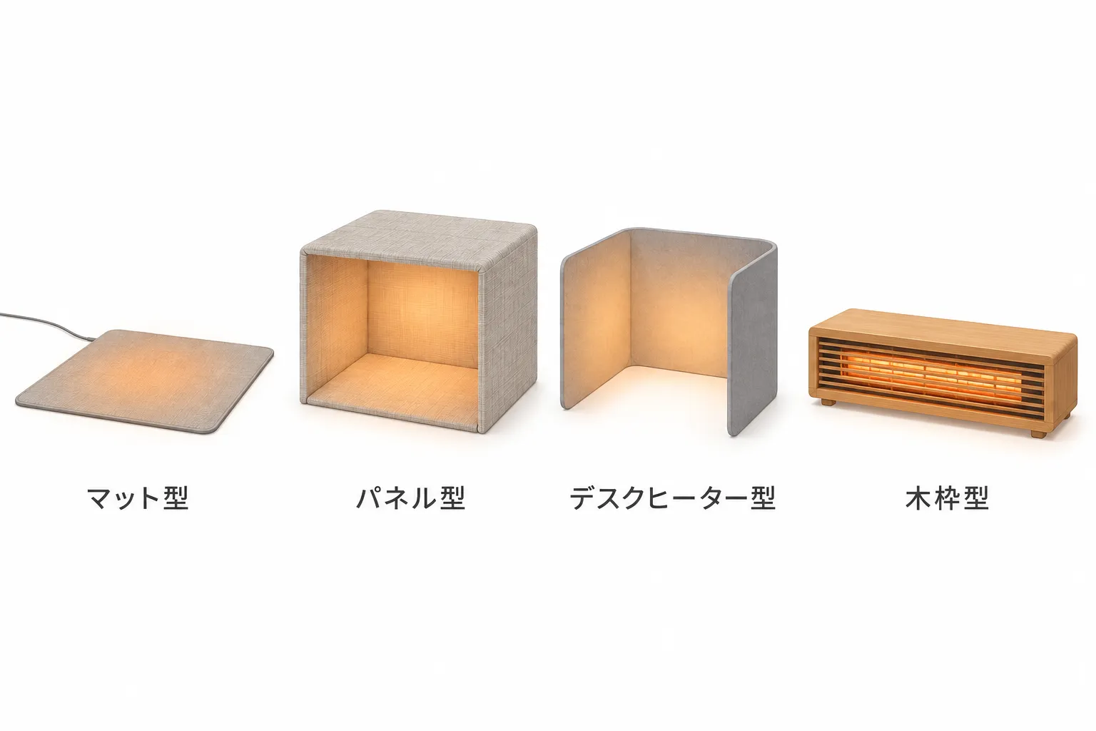 マット型・パネル型・デスクヒーター型・木枠型の違いを示すイラスト